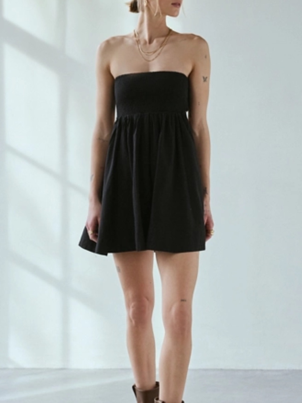 BDG Strapless Black Smocked Babydoll Dress